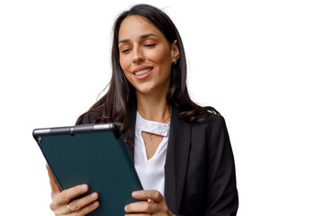 Smiling businesswoman using digital tablet, engaging with technology for business professionalism,...