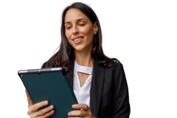 Smiling businesswoman using digital tablet, engaging with technology for business professionalism, transparent background