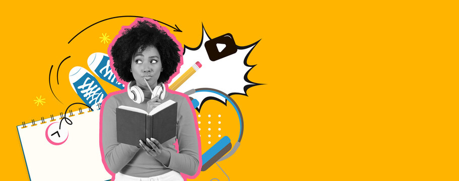 A young woman stands with a book while wearing headphones, surrounded by elements like sneakers, art supplies, and digital media. This lively setup captures a mix of interests and creativity.