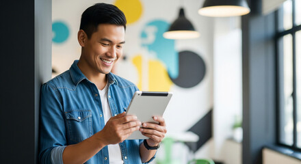 Smiling Asian man happily using a digital tablet in a modern office setting