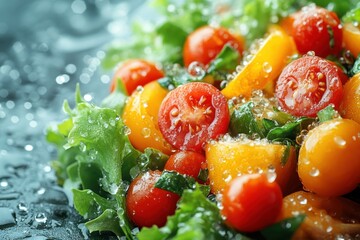Fresh salad with cherry tomatoes and greens glistening with water droplets on a dark background