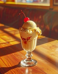 An artistic and delicious ice cream sundae with raspberries and pink syrup, set against a tiled background for a special Sundae Day treat