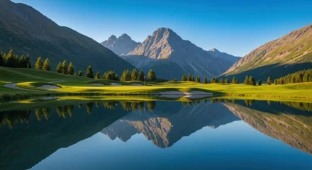 Fototapete Reflection Golf course nestled in mountains, reflected in calm lake under clear blue sky  © Asih