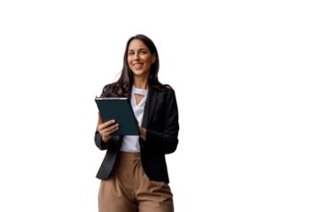 Businesswoman smiling, holding a tablet, using technology for work. Happy professional on a transparent background