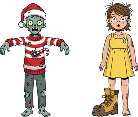 Christmas zombie cartoon, festive horror character, Santa hat monster, frightened girl in yellow dress, candy cane weapon, quirky holiday humor, Christmas zombie