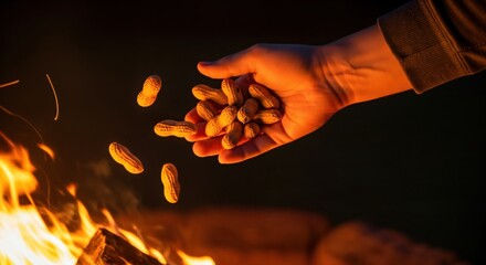 A Hand Releasing Peanuts Over a Campfire at Night: An Intimate Moment of Outdoor Cooking and Enjoyment