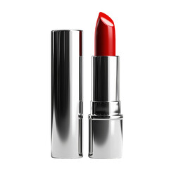 Modern elegant red lipstick with chrome silver casing, perfect for adding bold touch to any makeup look. This vibrant shade enhances beauty and confidence