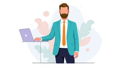 Illustration of man in suit working on laptop isolated on white background illustration