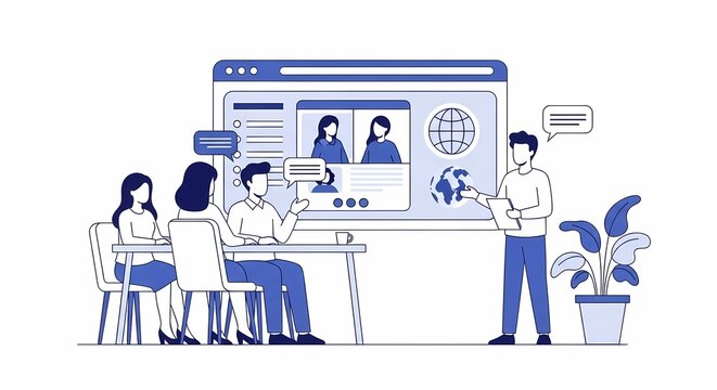 Business team members participate in a digital collaboration session with remote colleagues via video conferencing software to discuss international strategies for global corporate expansion and