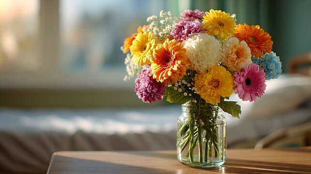 Bright, cheerful bouquet of colorful flowers sits on a table near a hospital bed. Soft morning light brings a wonderful sense of hope and comfort.