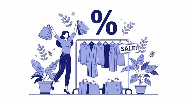 A joyful woman holding shopping bags stands near a rack filled with clothing items during a seasonal discount event to represent consumer behavior and retail fashion marketing trends for every