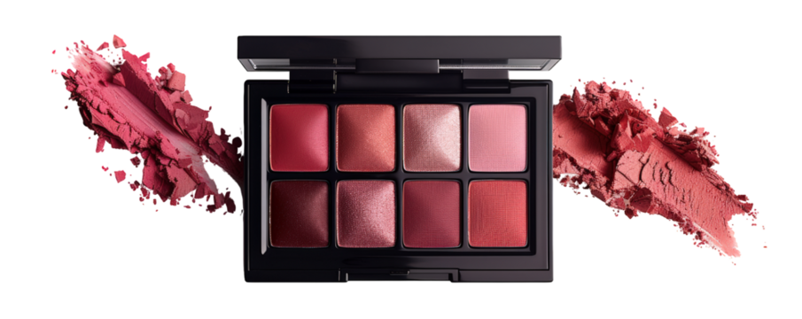 Vibrant lip palette featuring eight shades various pink and red tones, surrounded by scattered powder pigments. This ultrarealistic style showcases high fidelity and detail, perfect for makeup