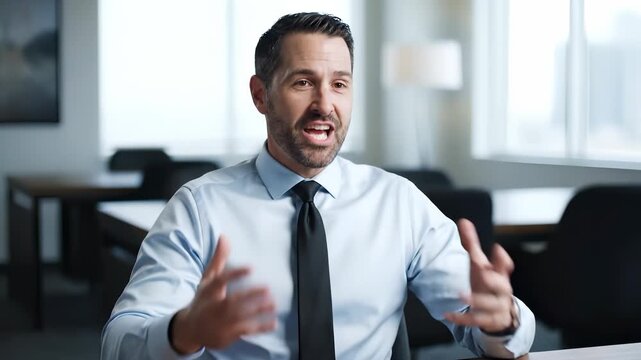 A businessman in a shirt and tie gestures confidently in an office setting. The businessman is discussing ideas with assertive hand movements at the office table.