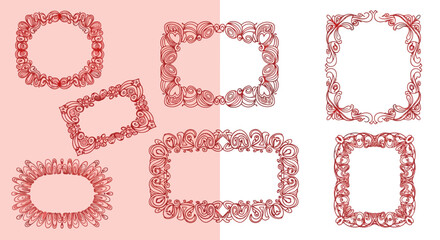 Collection of five red decorative doodle frames on a pink background, white background