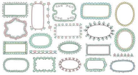 Set of Cute Hand-Drawn Frames and Borders in Pastel Colors for Scrapbooking and Design, white background