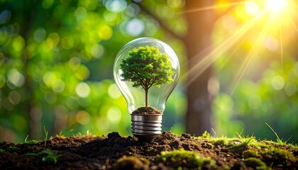 Concept image of a tree growing inside a light bulb with sunlight shining