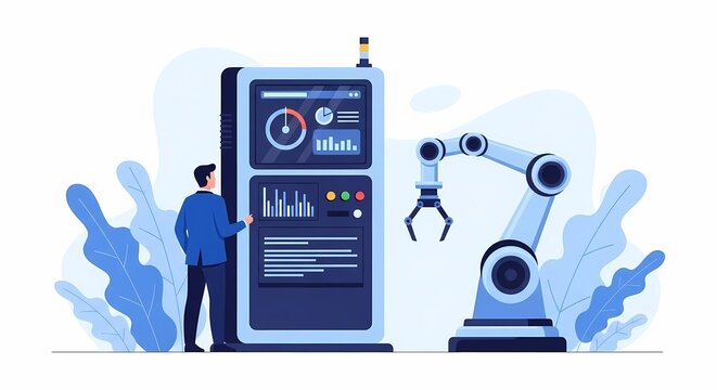 Professional engineer manages industrial robotic machinery using a digital interface dashboard to monitor production workflows and optimize performance within a smart automated factory