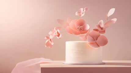 Pastel pink floral cake display on a light wood background. Possible use Dessert product promotion, social media post