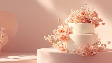 Elegant wedding cake with flowers on pastel background.  Possible use Romantic stock image for weddings or celebrations