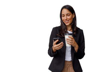 Professional woman smiling, using mobile phone, drinking coffee, standing on transparent background