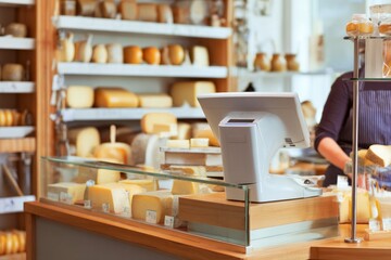Cheese shop counter with varied cheese selection and cash register.