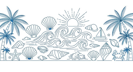 Obraz premium Blue line art illustration featuring various beach elements like shells, sun, waves, and palm trees, white background