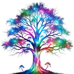 Enchanting rainbow tree glowing with magical lights forest scene
