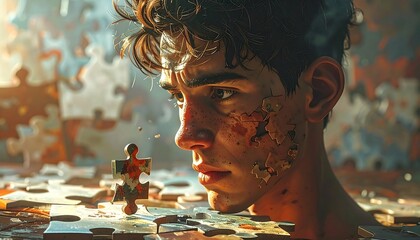 Conceptual artwork of a man with puzzle pieces on his face and a puzzle
