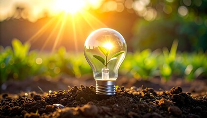 Concept of Green Energy: Lightbulb with Plant and Sun in Nature's Environment