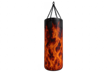 Boxing punching bag with fiery flames pattern