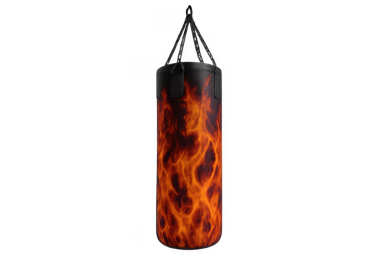 Boxing punching bag with fiery flames pattern