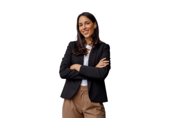 Confident businesswoman smiling, crossing arms, wearing black blazer, looking at camera, transparent background