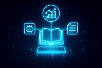 Neon blue glowing icons of an open book chip and data charts on a digital circuit board background learning