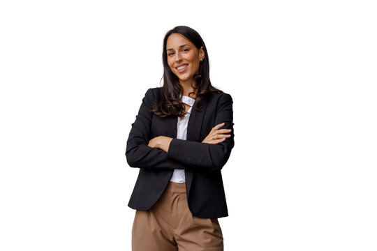 Confident businesswoman smiling, crossing arms, wearing black blazer, looking at camera, transparent background - Powered by Adobe