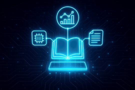 Neon blue glowing icons of an open book chip and data charts on a digital circuit board background learning
