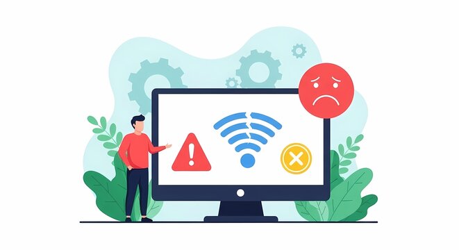Frustrated user experiences connectivity failure while looking at a screen displaying an unstable internet signal warning sign with broken icons indicating network errors and service downtime