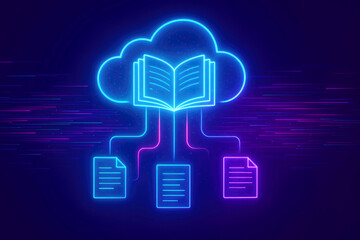 Neon Cloud Icon with Open Book and Connected Document Files on Abstract Background 