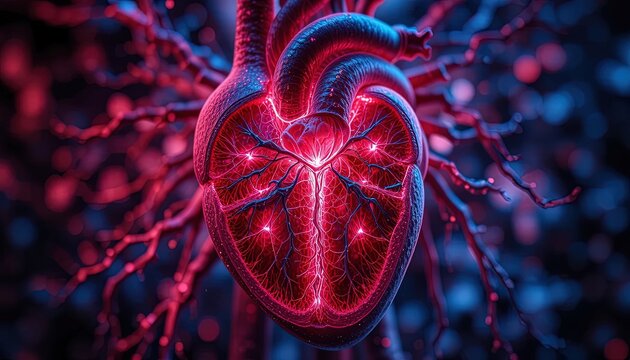 Vibrant human heart with glowing vessels offers a dynamic, modern medical illustration for cutting-edge research or health awareness campaigns