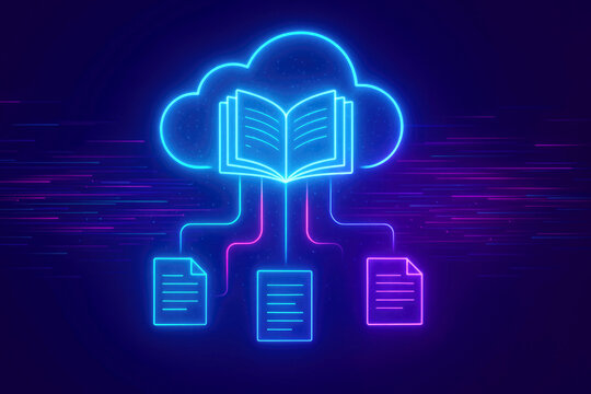 Neon Cloud Icon with Open Book and Connected Document Files on Abstract Background 