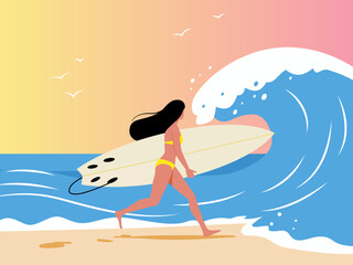 woman running towards wave surfboard holiday hello summer