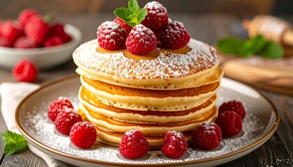 Stacked pancakes with raspberries