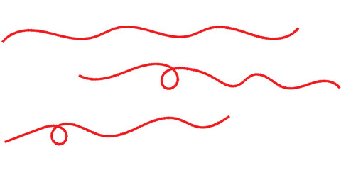 Red isolated vector thread icons on white background. Modern isolated curved thread on red colour. Three different shapes thread on white page. EPS 10. 