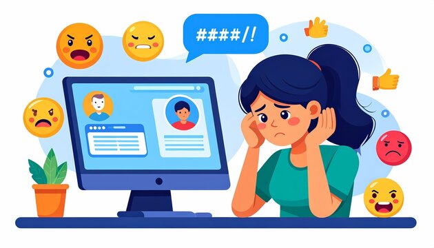 Sad woman feeling overwhelmed by social media cyberbullying harassment and toxic comments while sitting at her desk working on a computer screen showing negative messages and hostile user