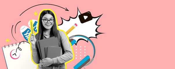 A cheerful student holds several books while flashing a peace sign. Colorful study tools like pencils and headphones surround her, creating an energetic and motivating atmosphere.