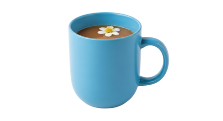 Isolated blue mug of warm drink with flower floating on top, beverage for breakfast