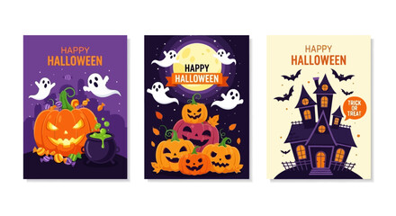 Collection of four Happy Halloween themed vector poster design templates with pumpkins, ghosts, and cauldrons, white background