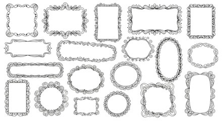 Set of decorative doodle vector frames in various shapes and styles, white background