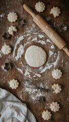 Preparation of dough for baking christmas cookies, top view. Baking dough with cookie cutters and rolling pin on wooden background.