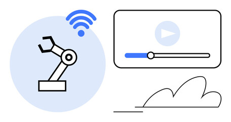 Robotic arm with wireless signal, video player interface, and cloud graphic. Ideal for automation, wireless control, AI, cloud computing, IoT technology digital media. Simple flat metaphor