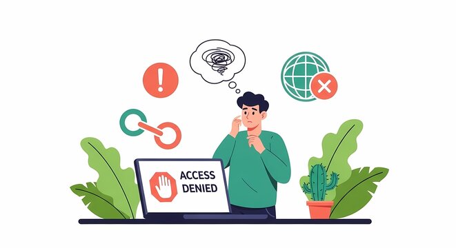 A frustrated user looking at a computer screen showing access denied error message during a cybersecurity failure event while feeling confused about the internet connection blocking website